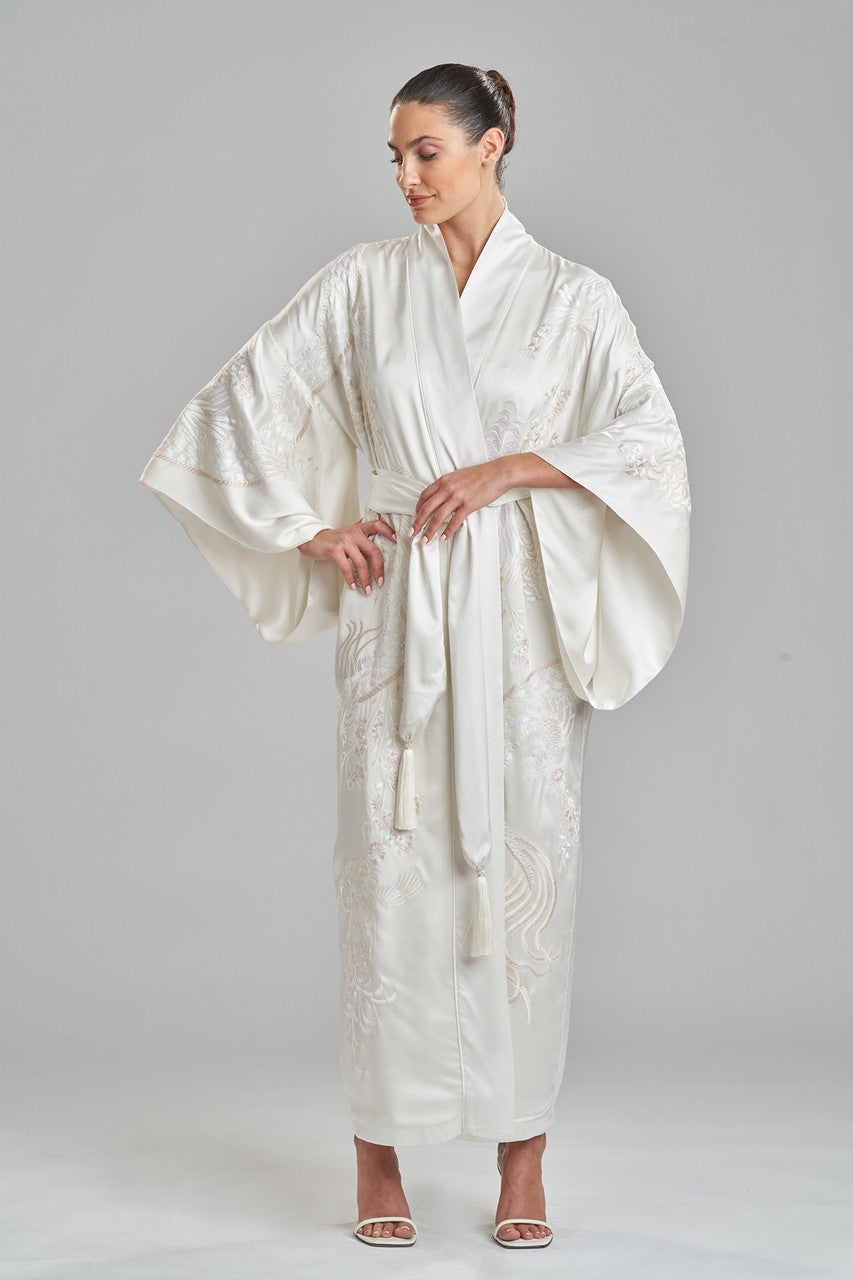 Buy Key Essentials Embroidered Silk Robe in Warm White Online Warm White