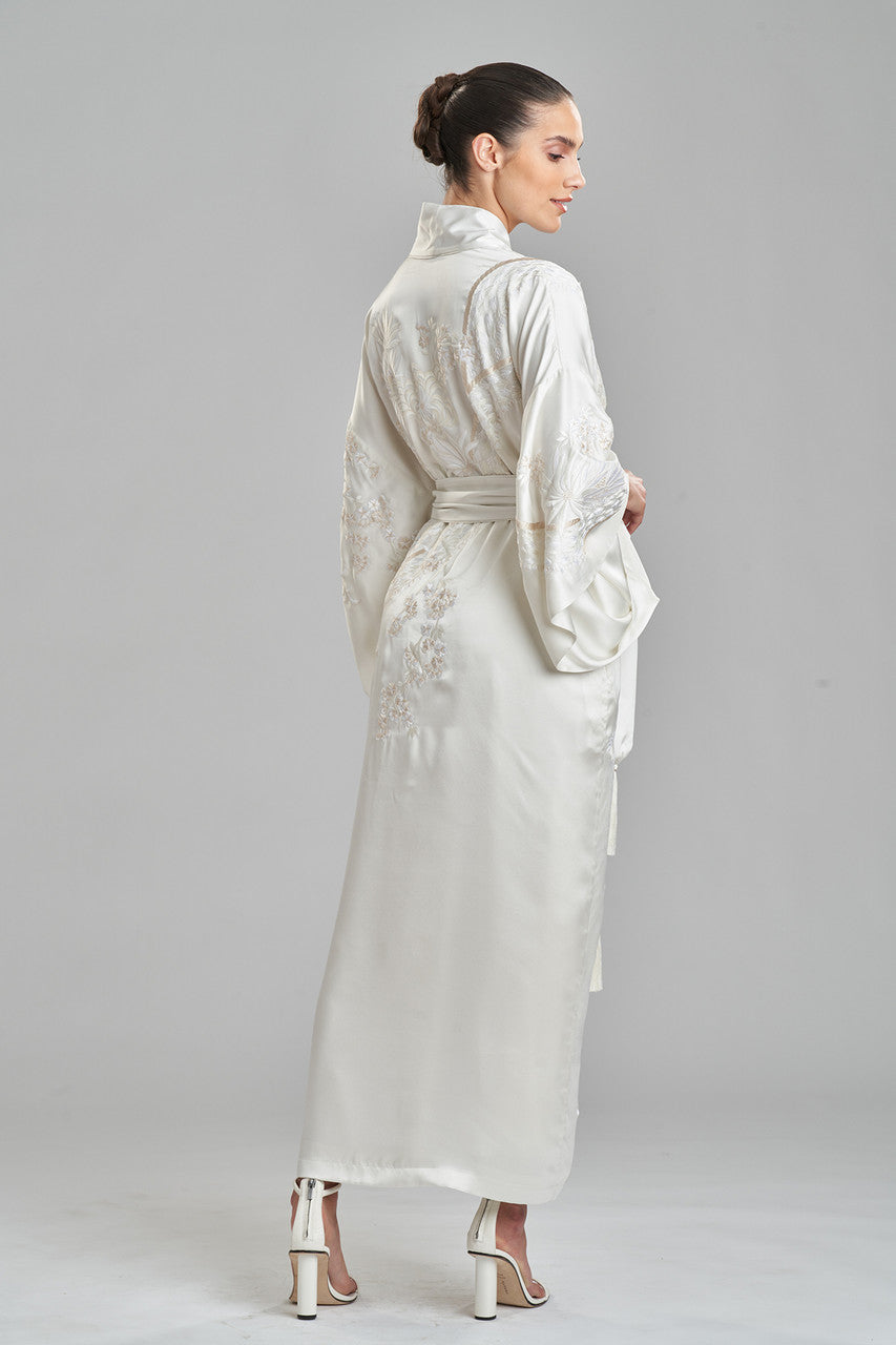 Buy Key Essentials Embroidered Silk Robe in Warm White Online Warm White