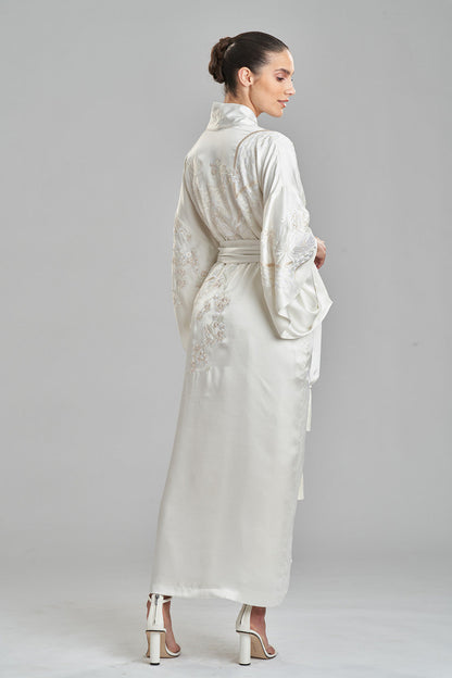 Buy Key Essentials Embroidered Silk Robe in Warm White Online Warm White