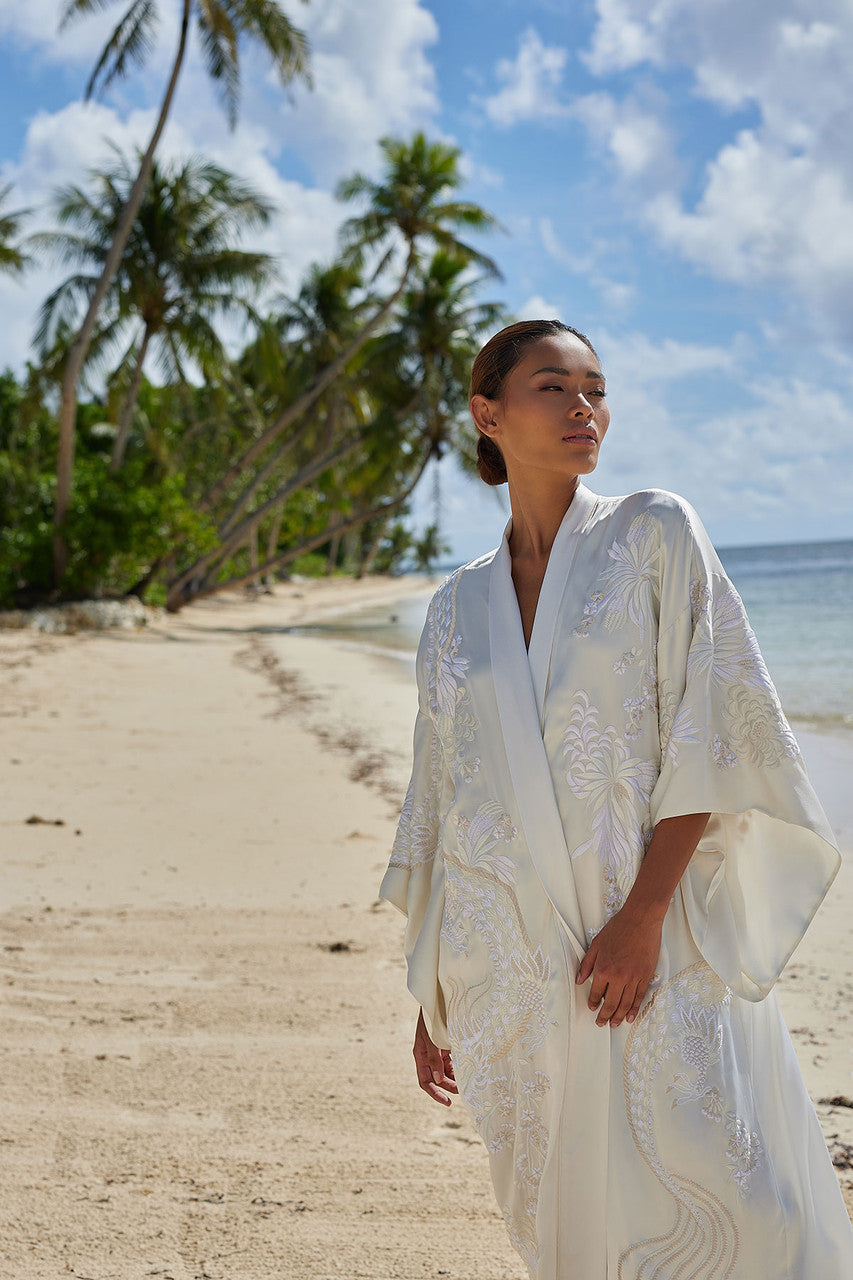Buy Key Essentials Embroidered Silk Robe in Warm White Online Warm White
