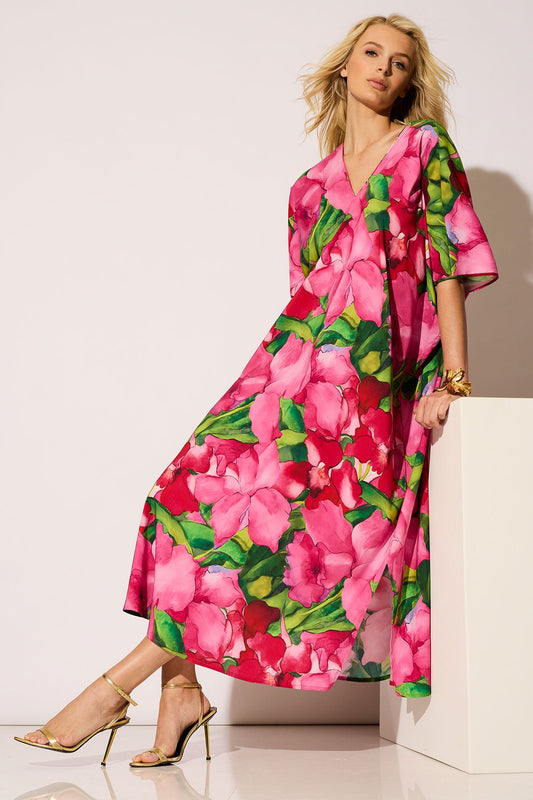 Isla Printed Satin V-Neck Caftan Pink