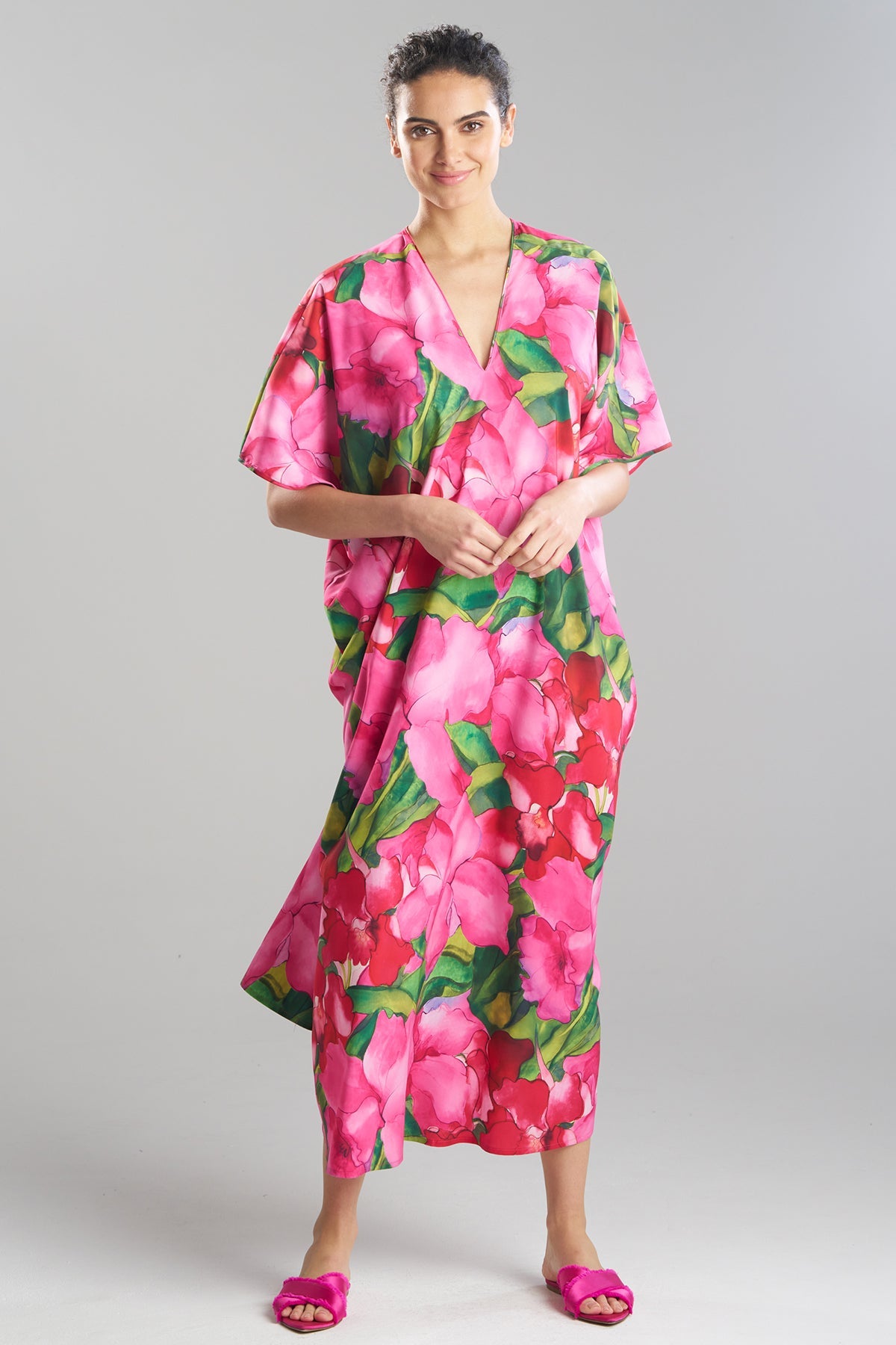 Isla Printed Satin V-Neck Caftan Pink