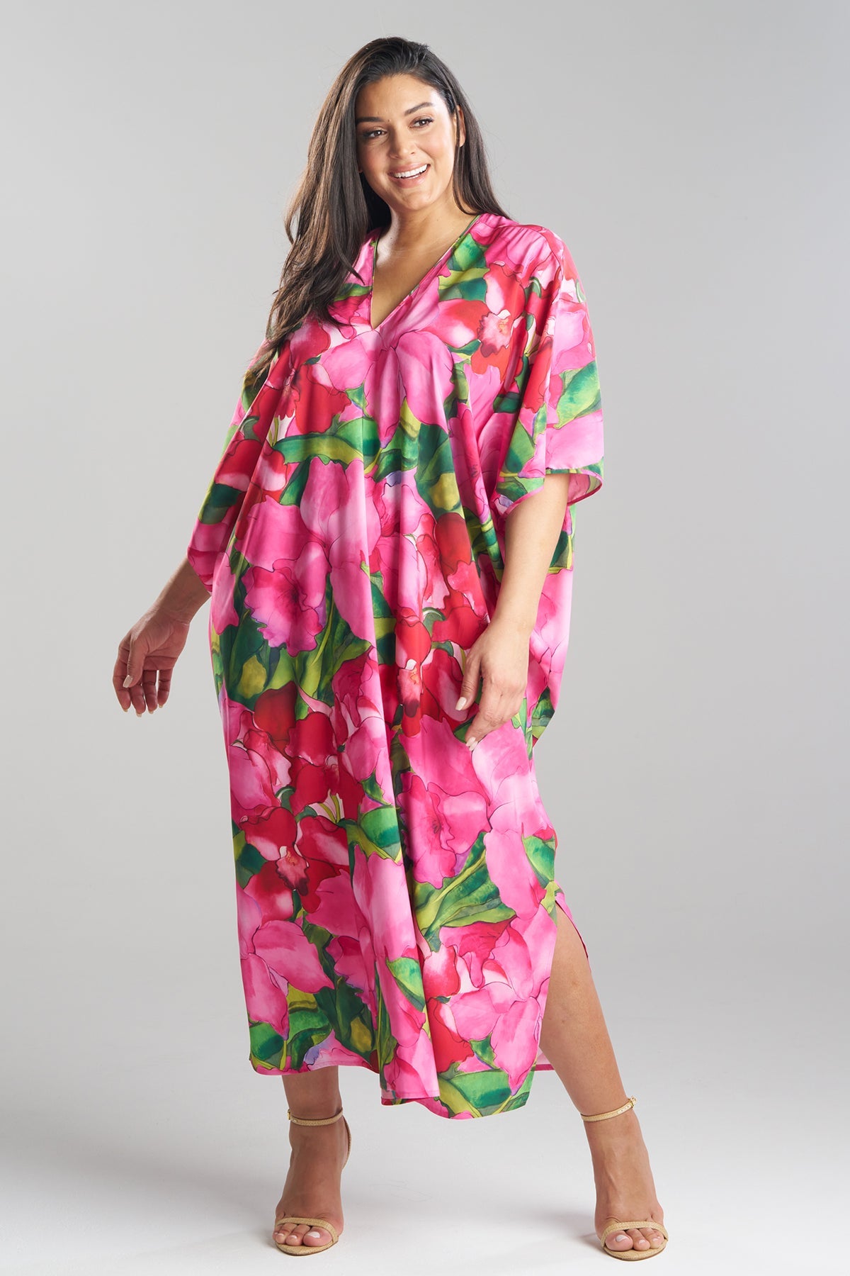 Isla Printed Satin V-Neck Caftan Pink