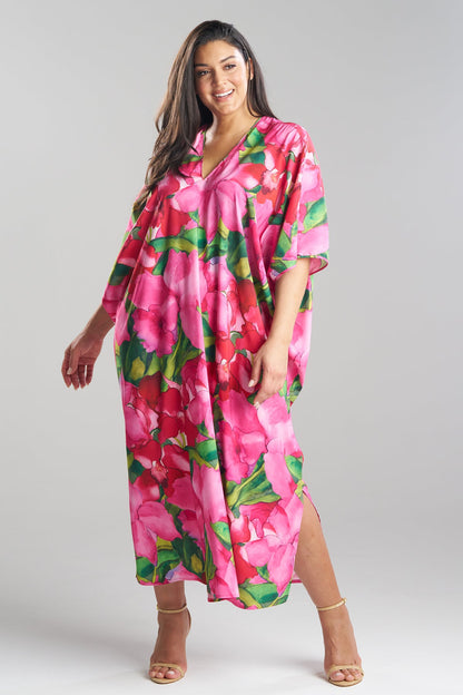 Isla Printed Satin V-Neck Caftan Pink