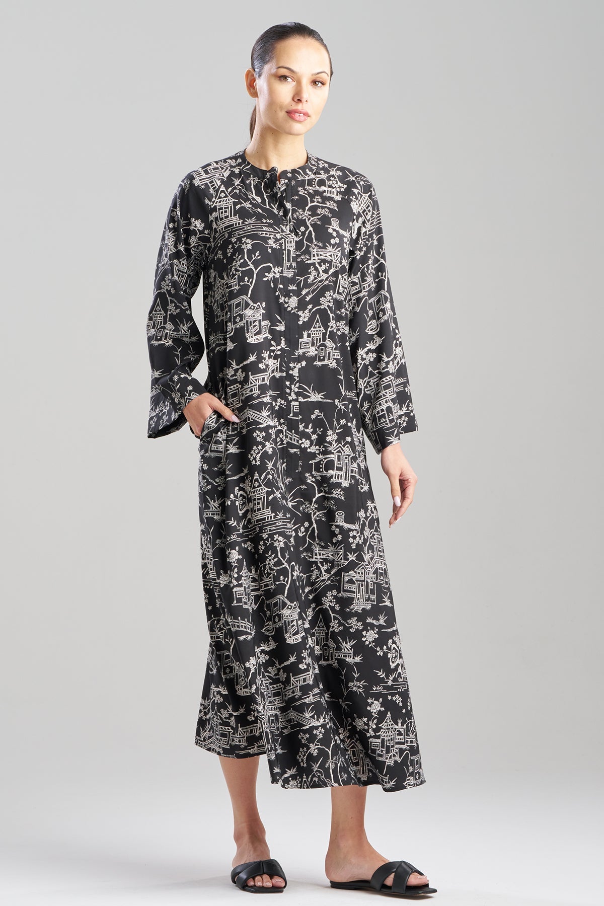 Toile Printed Satin Mandarin Zip Caftan Black