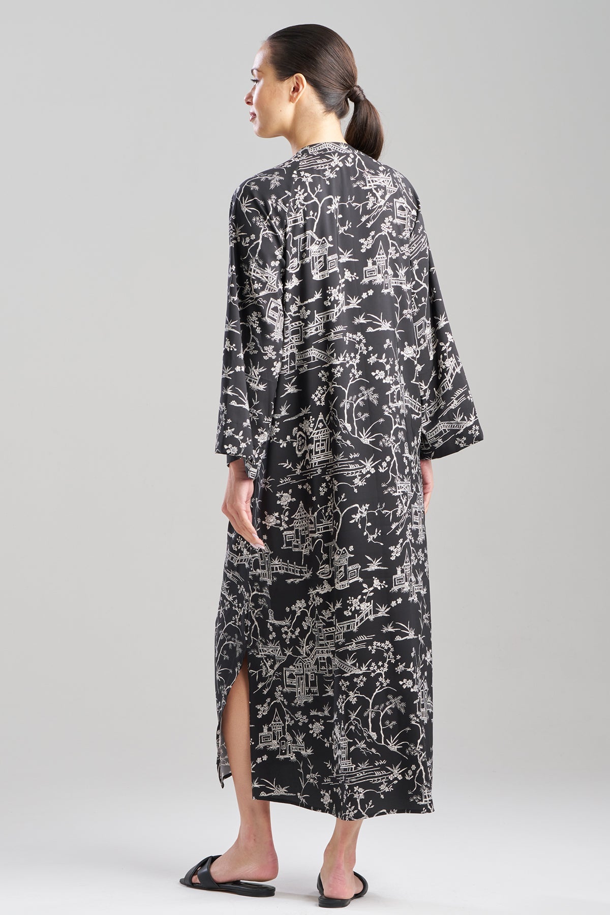 Toile Printed Satin Mandarin Zip Caftan Black