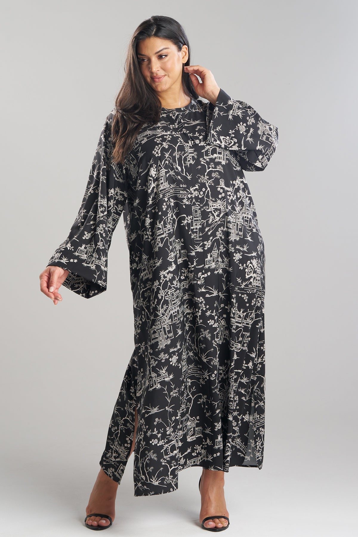 Toile Printed Satin Mandarin Zip Caftan Black