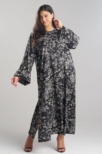 Toile Printed Satin Mandarin Zip Caftan Black