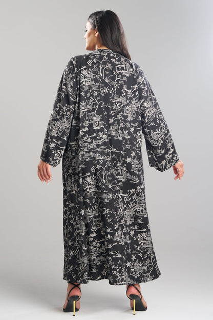 Toile Printed Satin Mandarin Zip Caftan Black