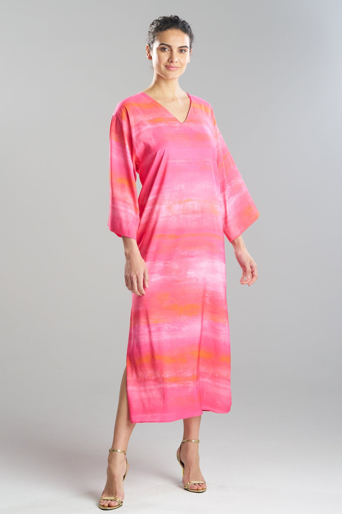 Aurora Printed Satin Slim Caftan Pink Poppy