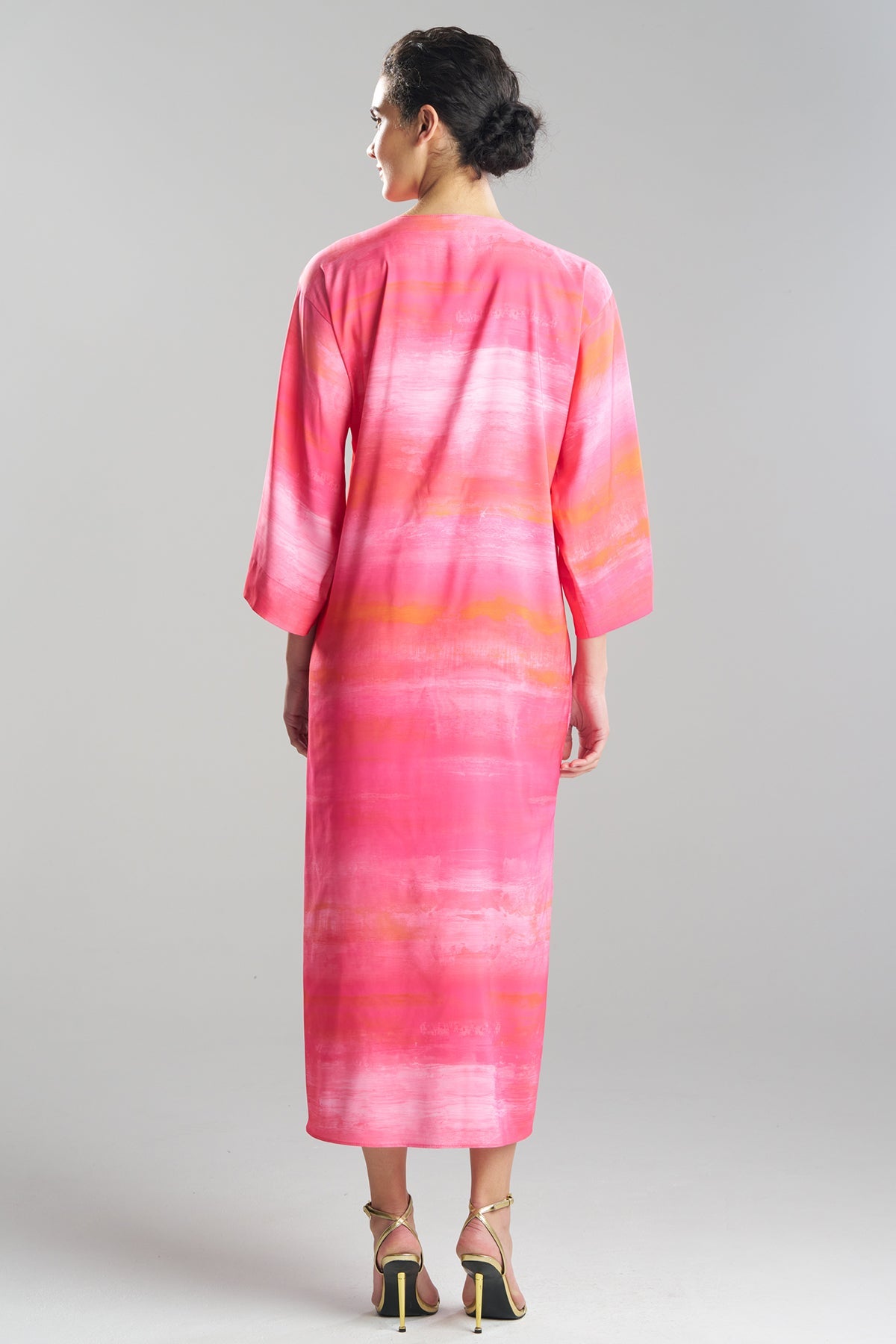Aurora Printed Satin Slim Caftan Pink Poppy