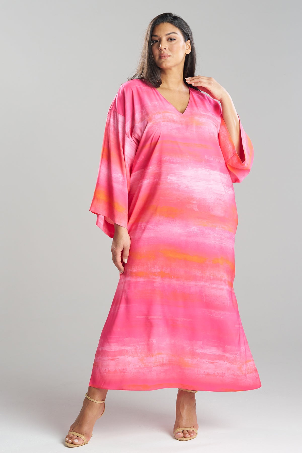 Aurora Printed Satin Slim Caftan Pink Poppy