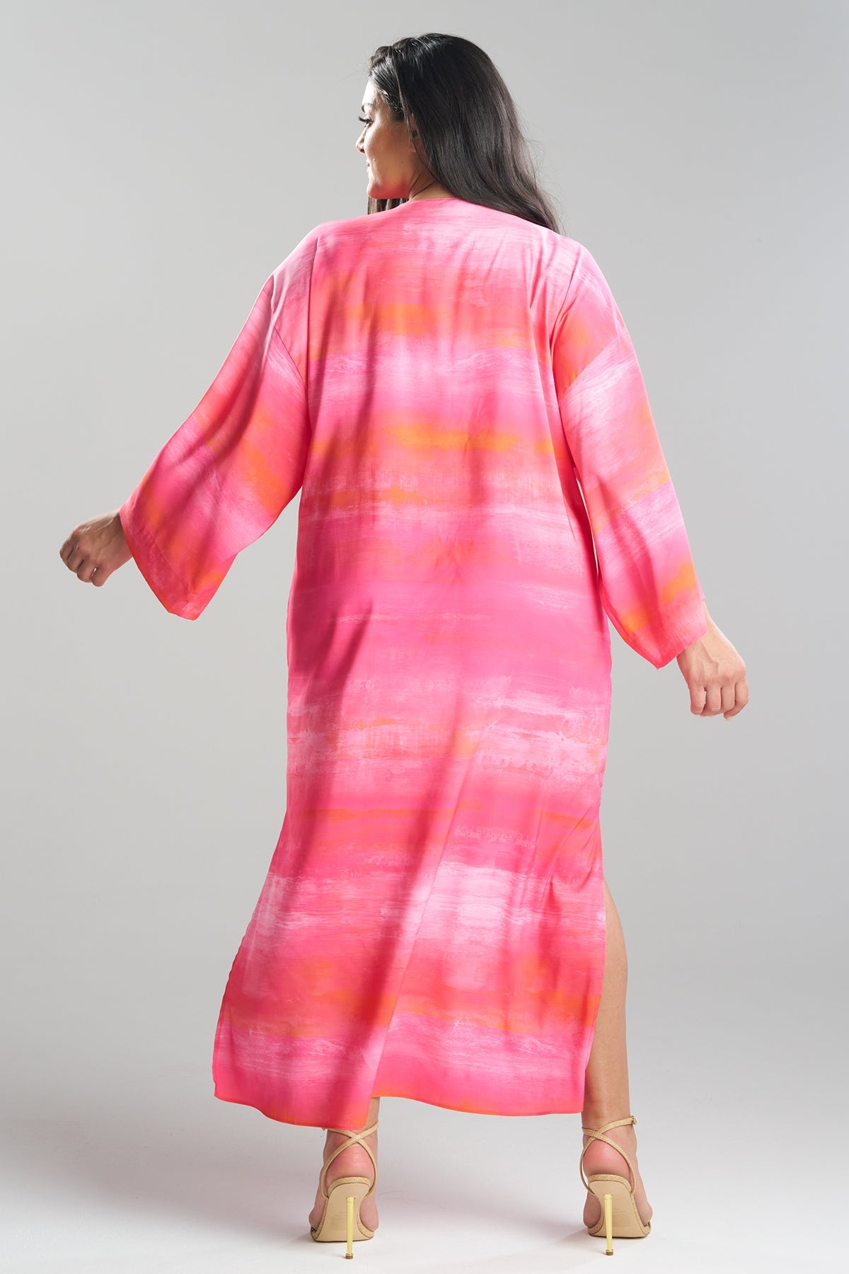 Aurora Printed Satin Slim Caftan Pink Poppy