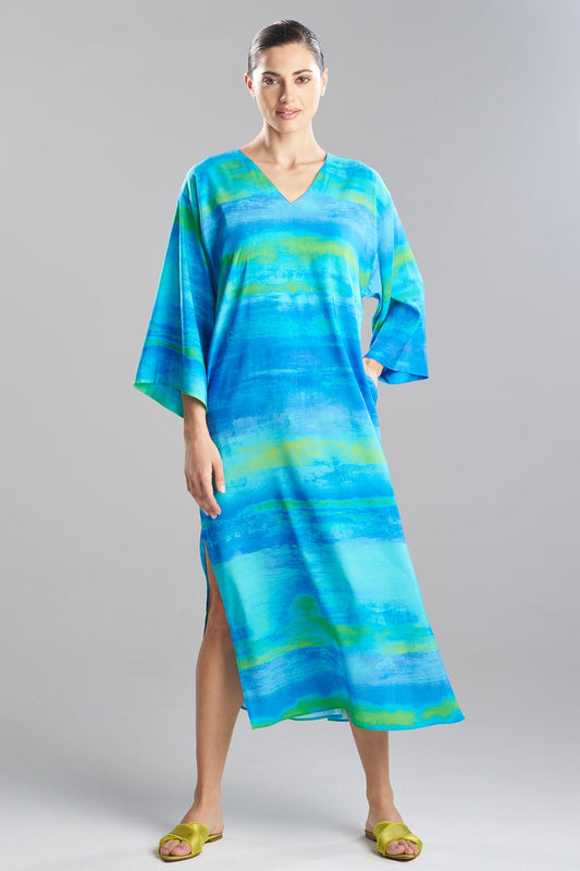 Aurora Printed Satin Slim Caftan Azure