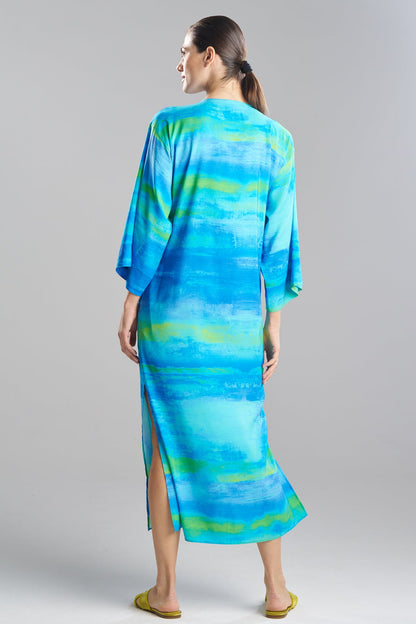 Aurora Printed Satin Slim Caftan Azure
