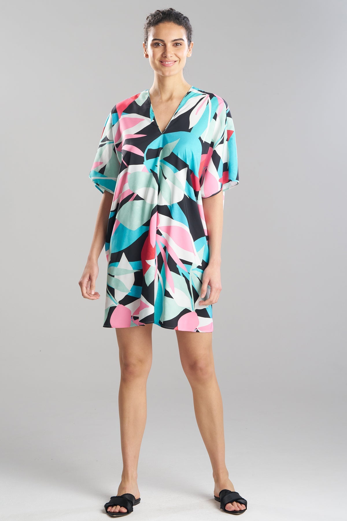 Abstract Palm Printed Satin Caftan Multi