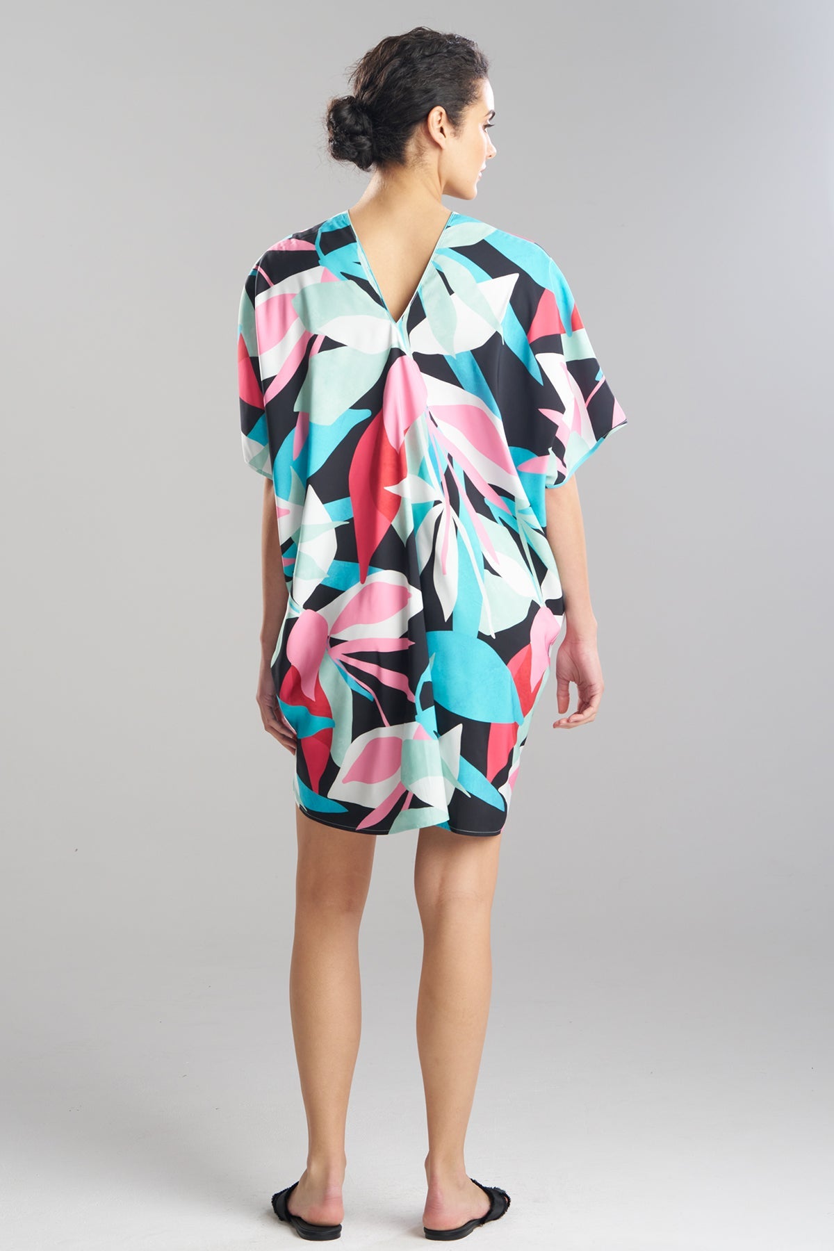 Abstract Palm Printed Satin Caftan Multi