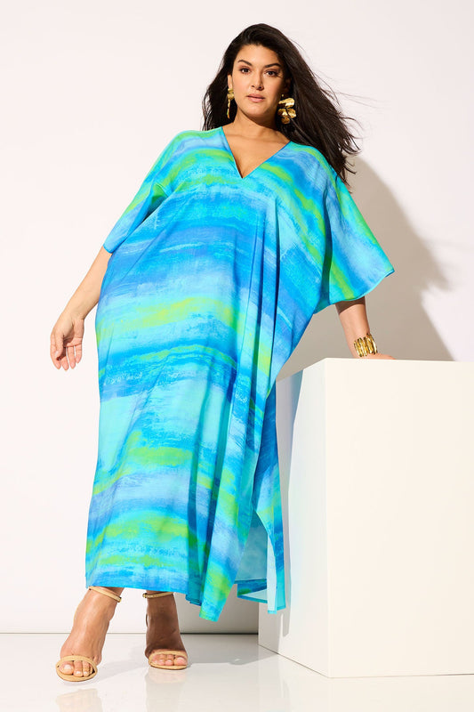 Aurora Printed Satin Caftan Azure