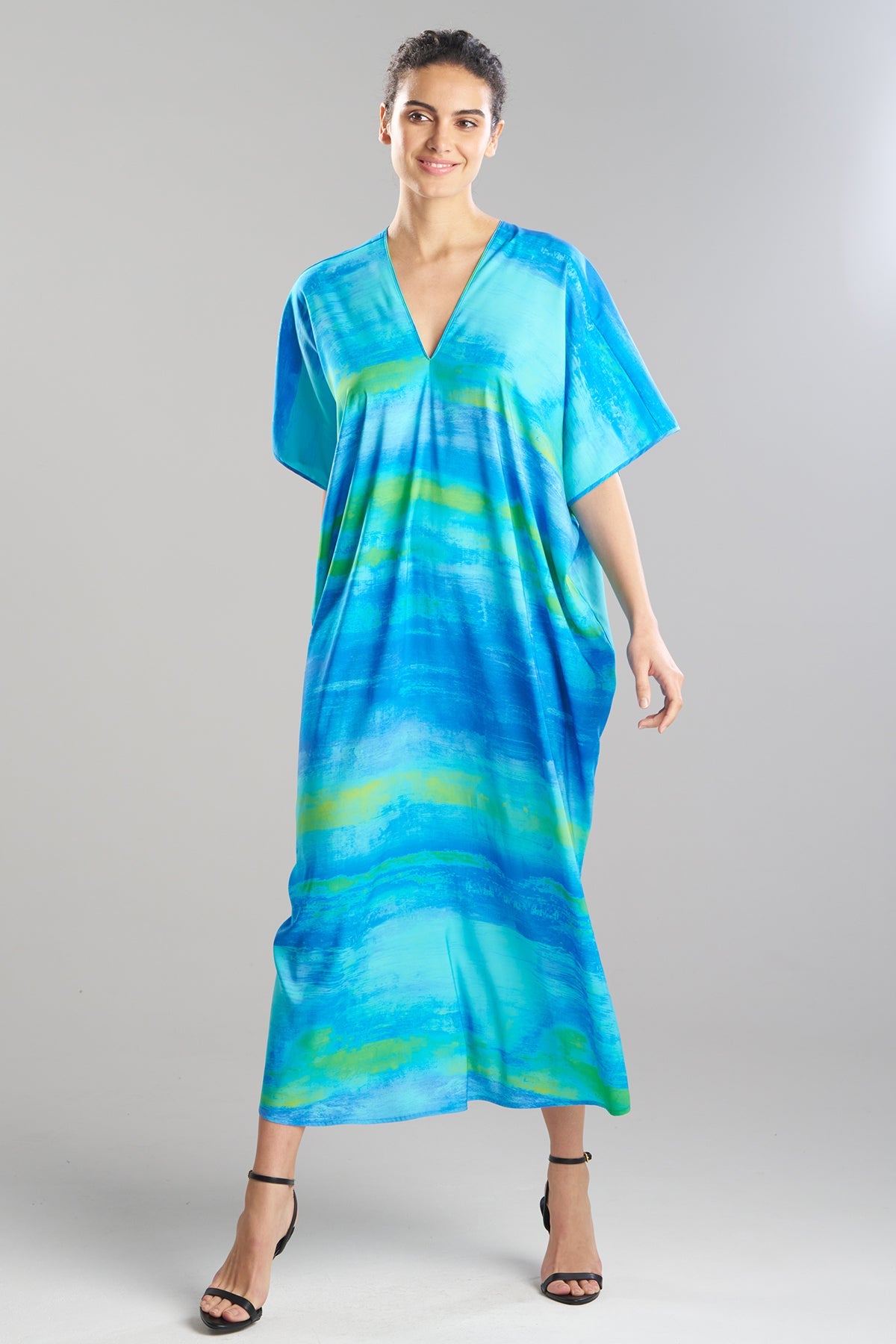 Aurora Printed Satin Caftan Azure
