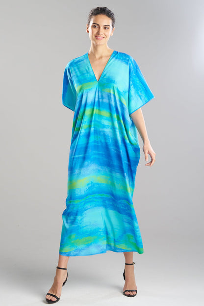 Aurora Printed Satin Caftan Azure