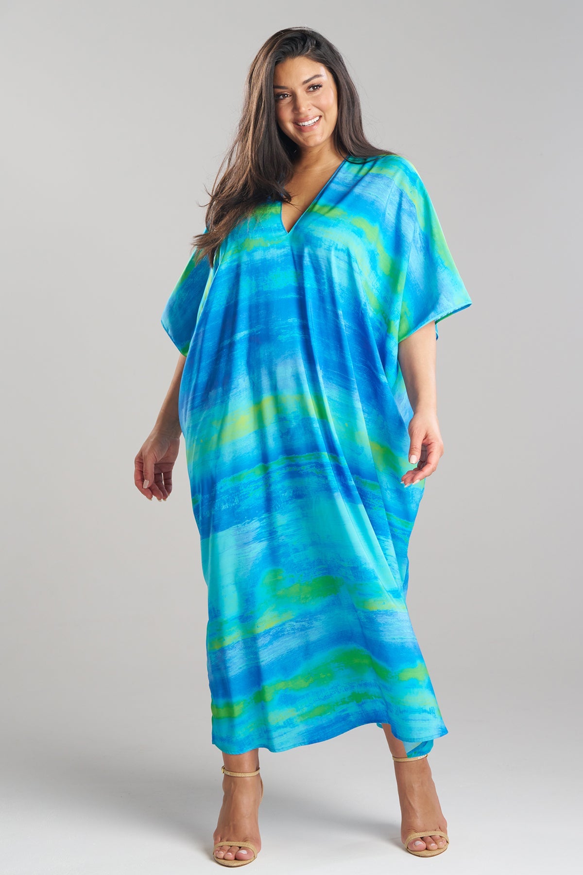 Aurora Printed Satin Caftan Azure