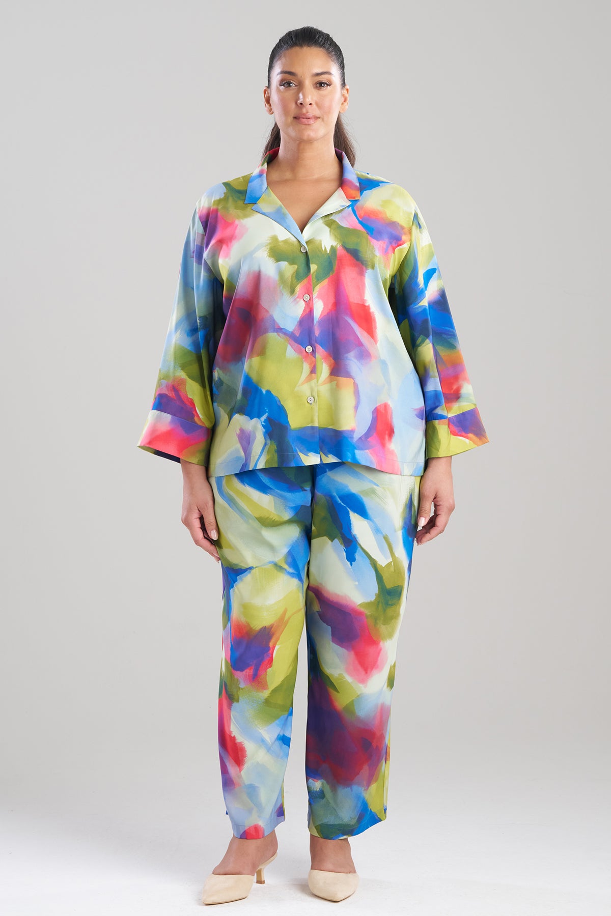 Kumo Printed Stretch Satin Notch PJ Set Kumo Multi