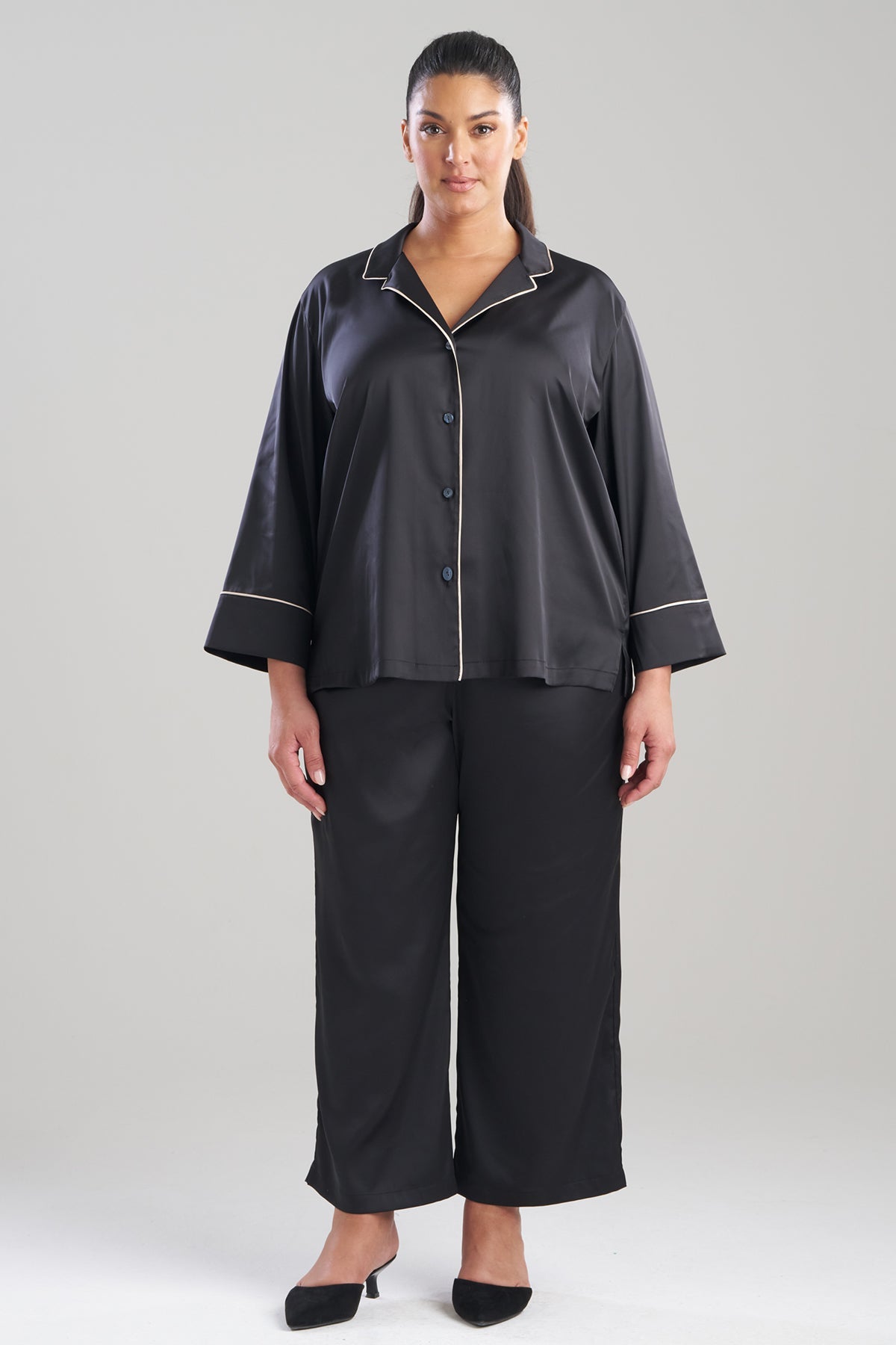Satin Essentials Notch PJ Set Black