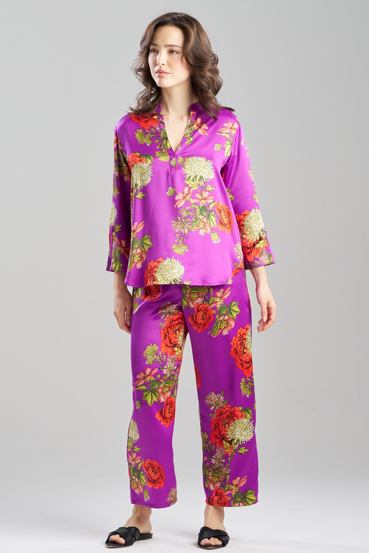 Crysanthe Printed Satin Mandarin PJ Set Crysanthe Orchid