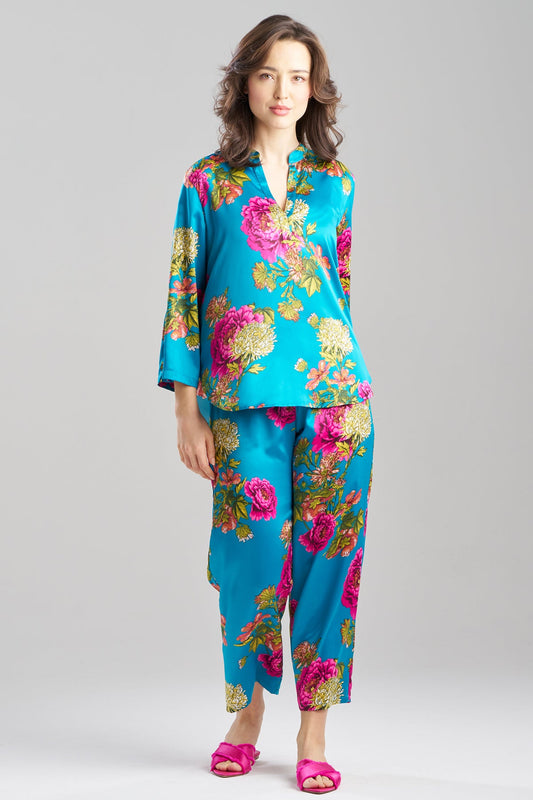Crysanthe Printed Satin Mandarin PJ Set Crysanthe Blue