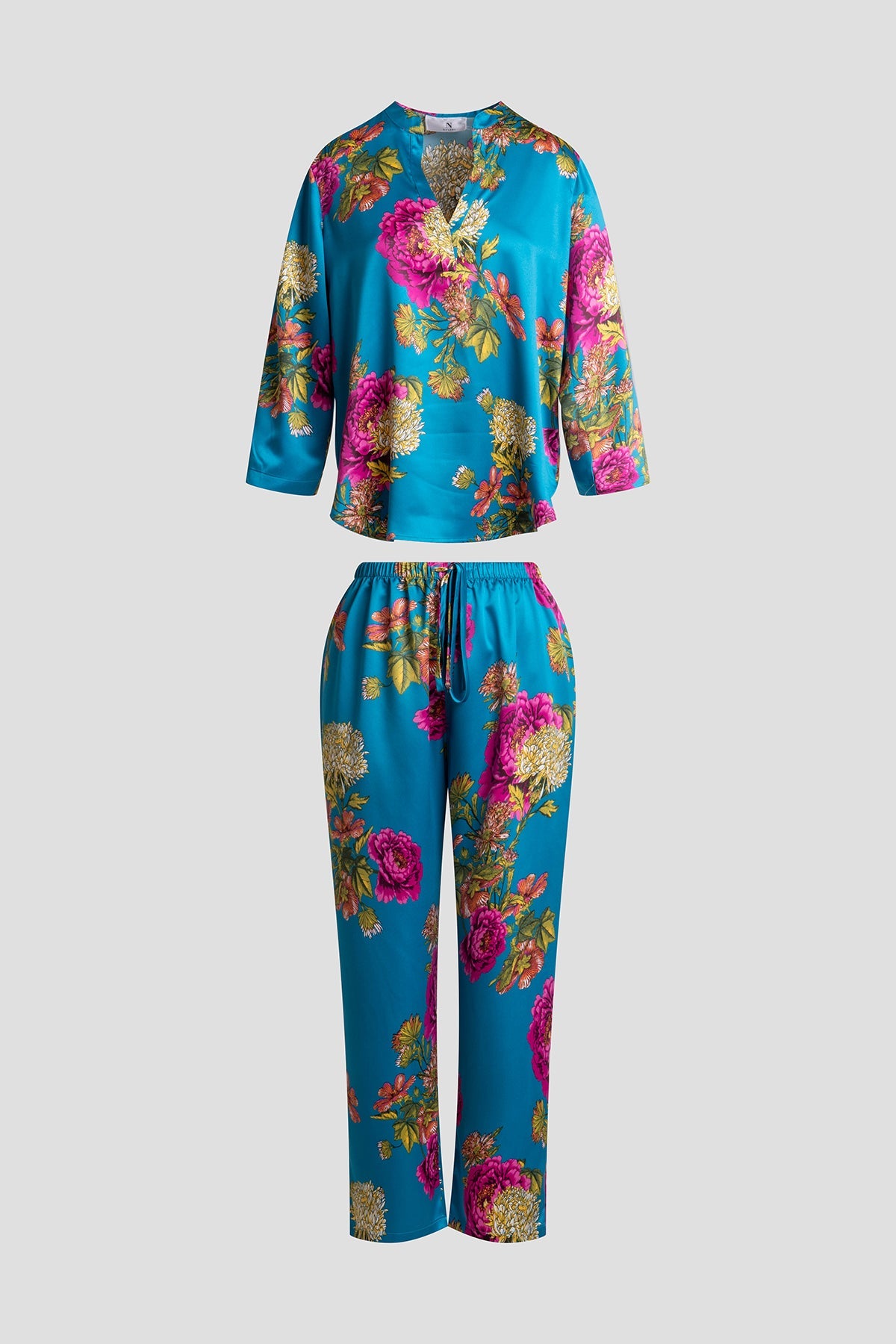 Crysanthe Printed Satin Mandarin PJ Set Crysanthe Blue