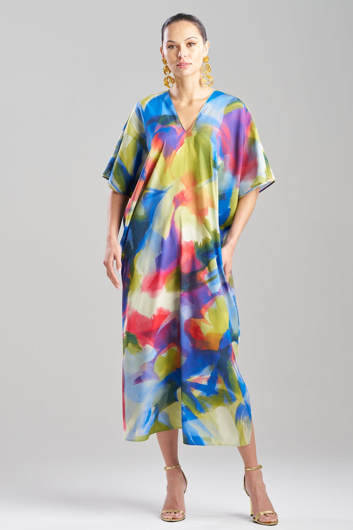 Kumo Printed Stretch Satin V-Neck Caftan Kumo Multi