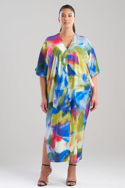 Kumo Printed Stretch Satin V-Neck Caftan Kumo Multi