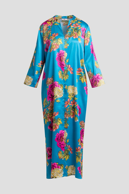 Crysanthe Printed Satin Zip Caftan Crysanthe Blue