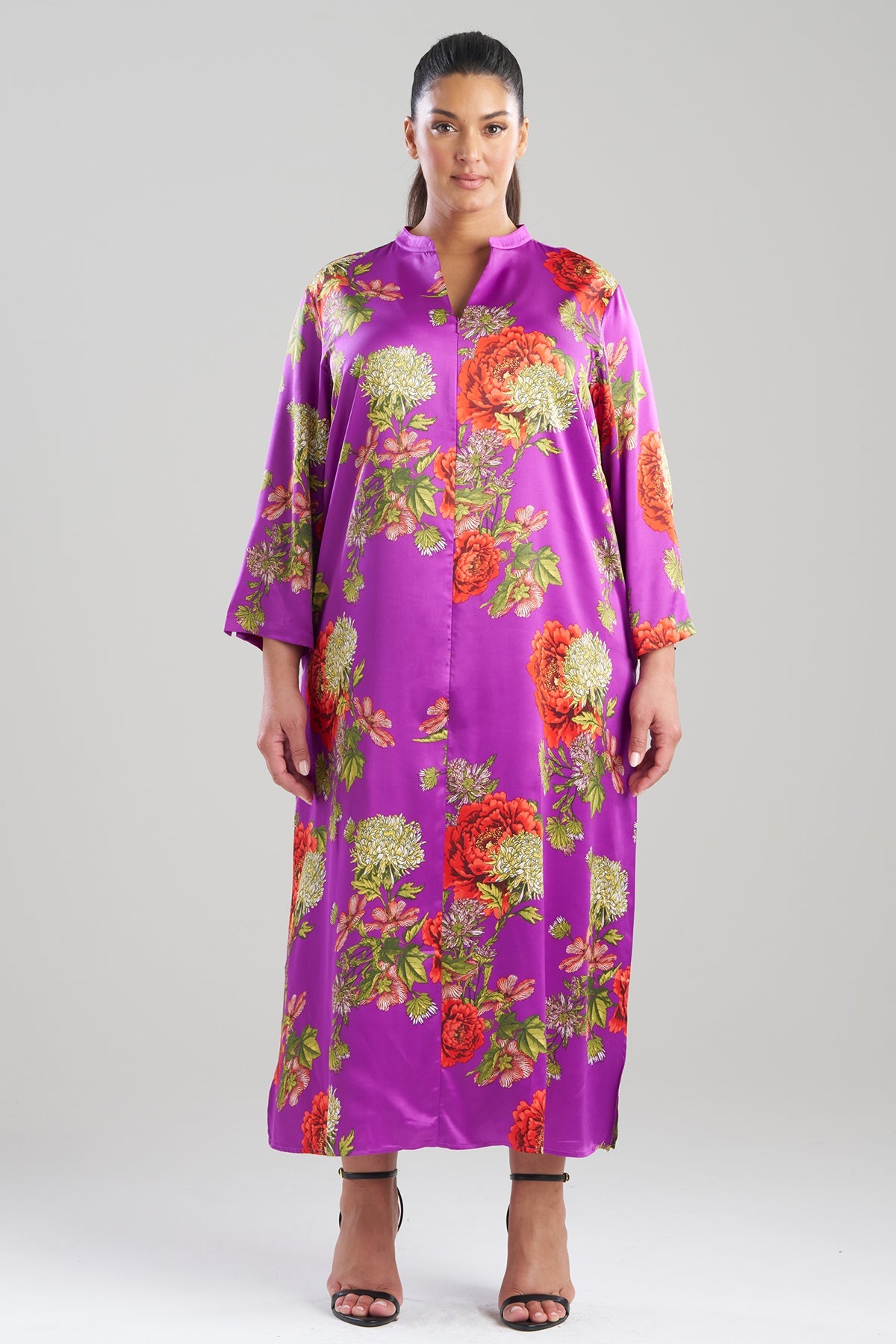 Crysanthe Printed Satin Zip Caftan Crysanthe Orchid