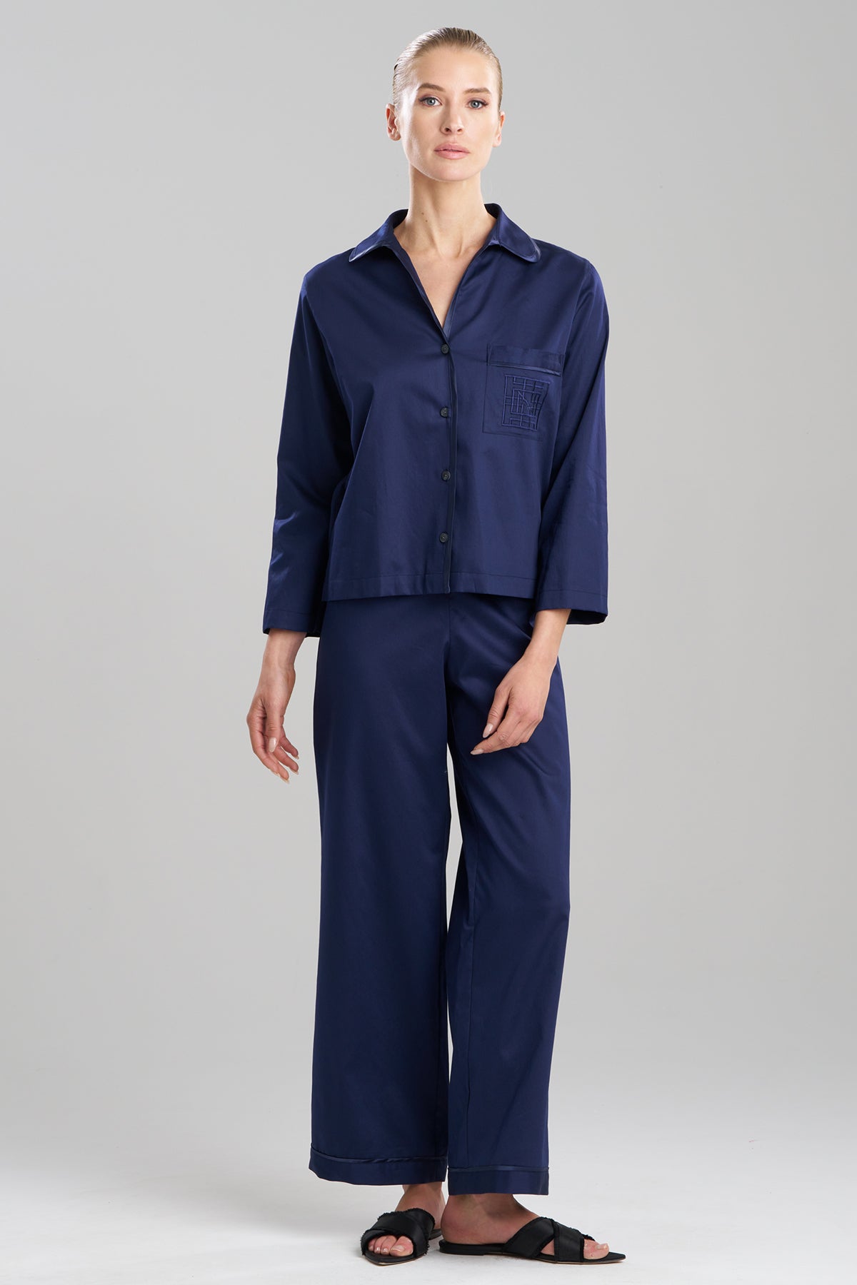 Cotton Sateen Embroidered Essentials Notch PJ Midnight Navy