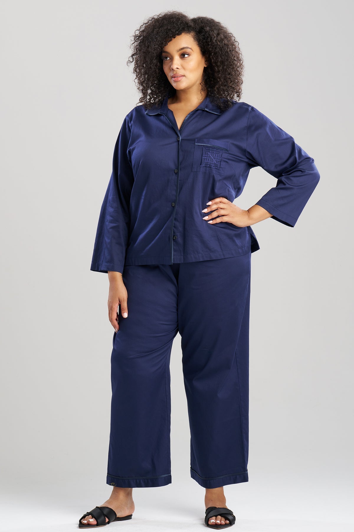 Cotton Sateen Embroidered Essentials Notch PJ Midnight Navy