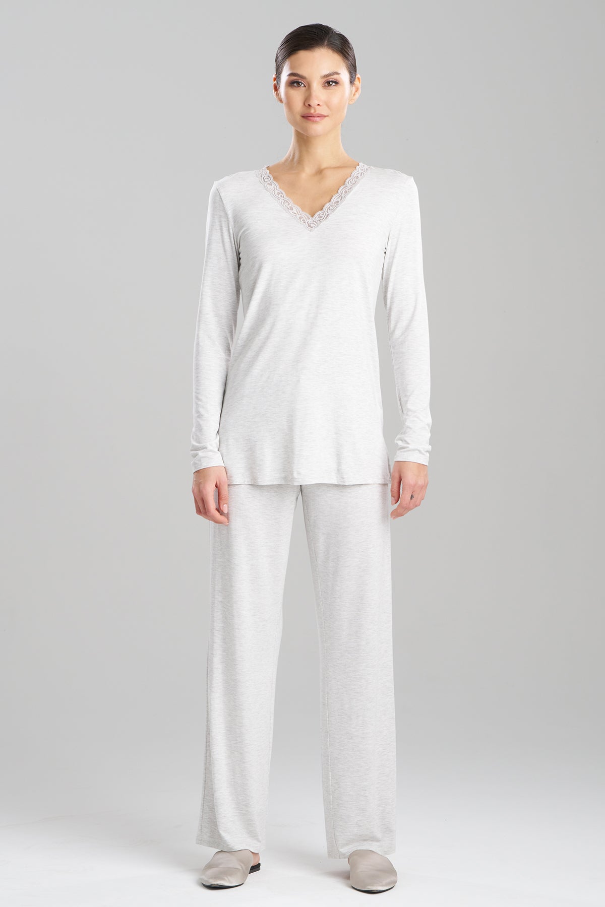 Feathers Essentials Lenzing™ Ecovero™ Viscose Long Sleeve Lace PJ Light Heather Grey