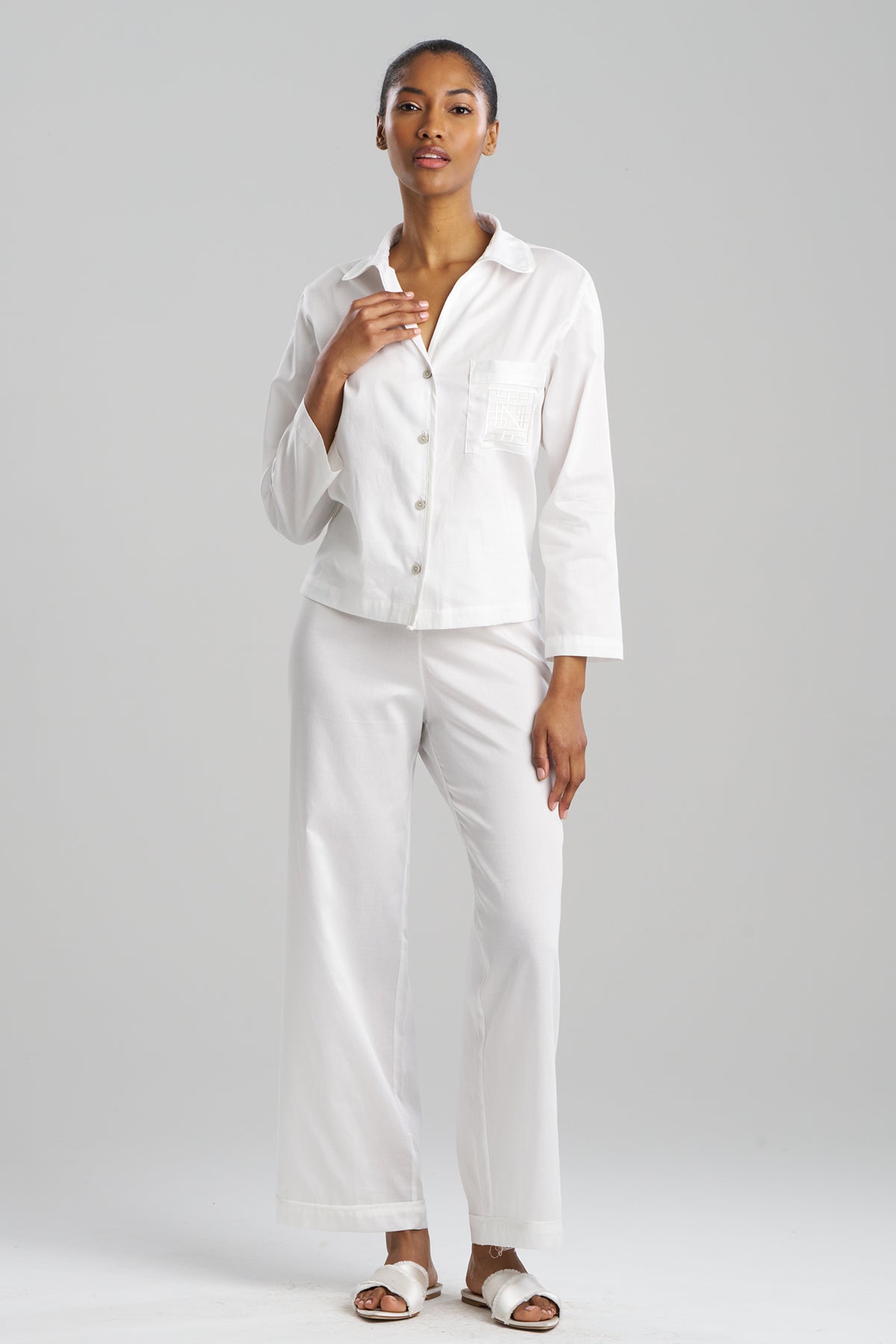 Cotton Sateen Embroidered Essentials Notch PJ White