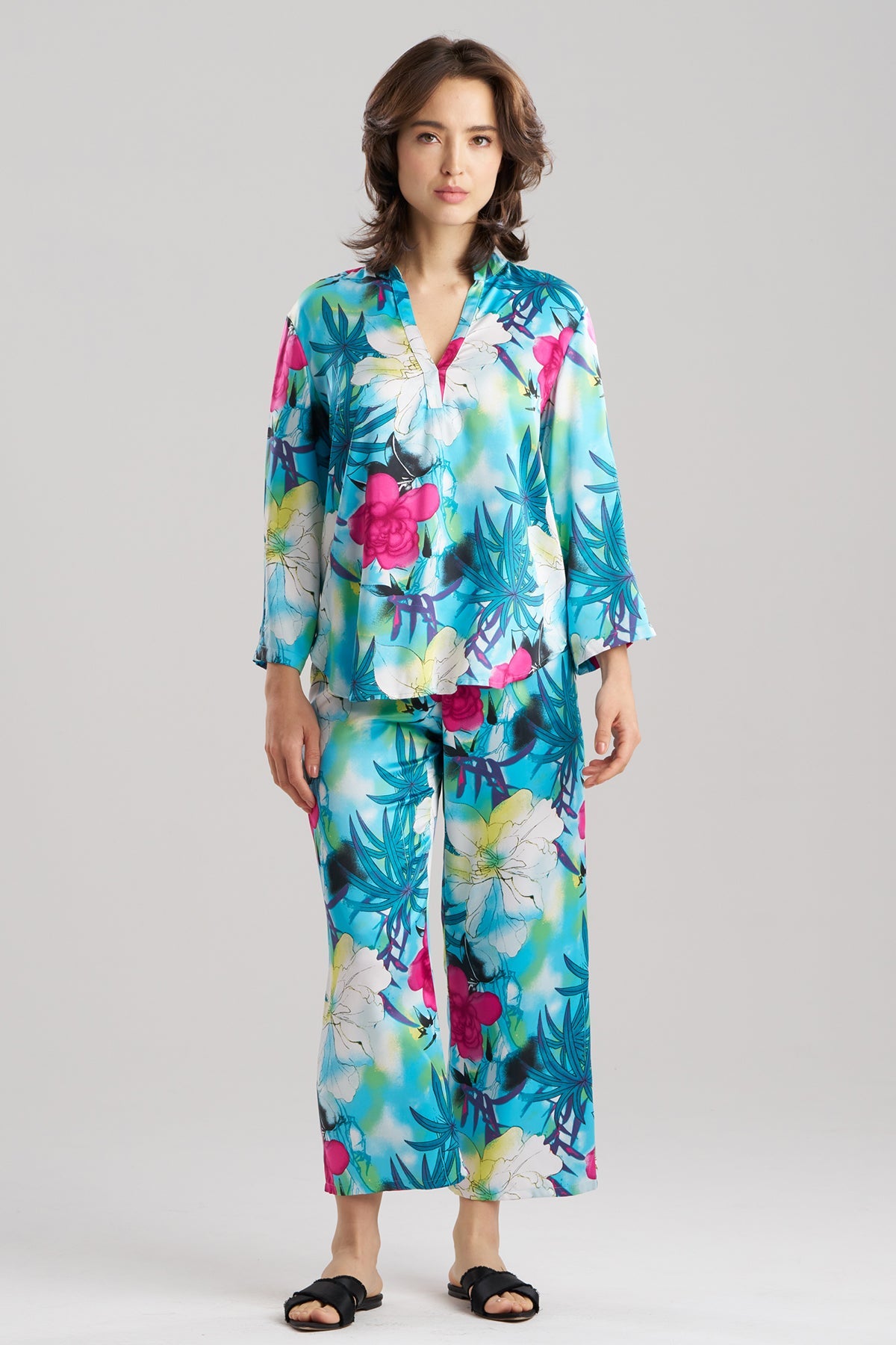 Viva Printed Satin Mandarin PJ Set Teal