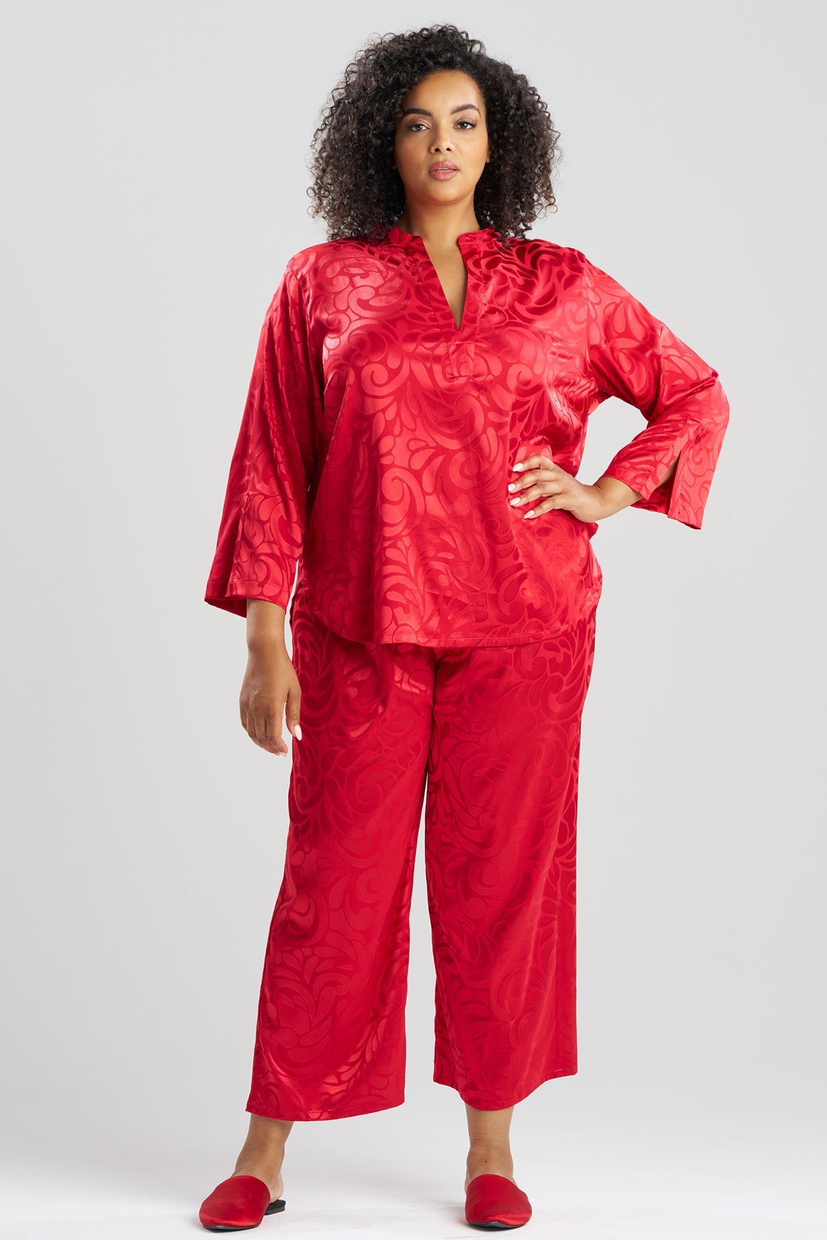 Scroll Satin Jacquard Long Sleeve PJ Brocade Red