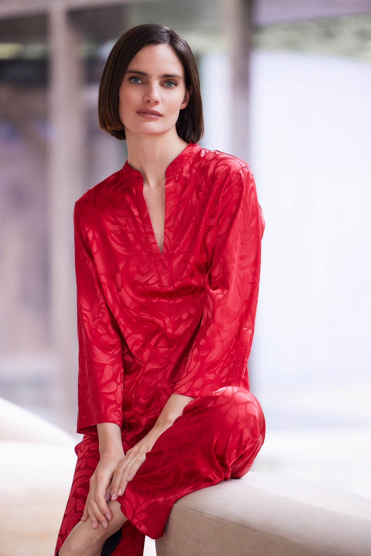 Scroll Satin Jacquard Long Sleeve PJ Brocade Red
