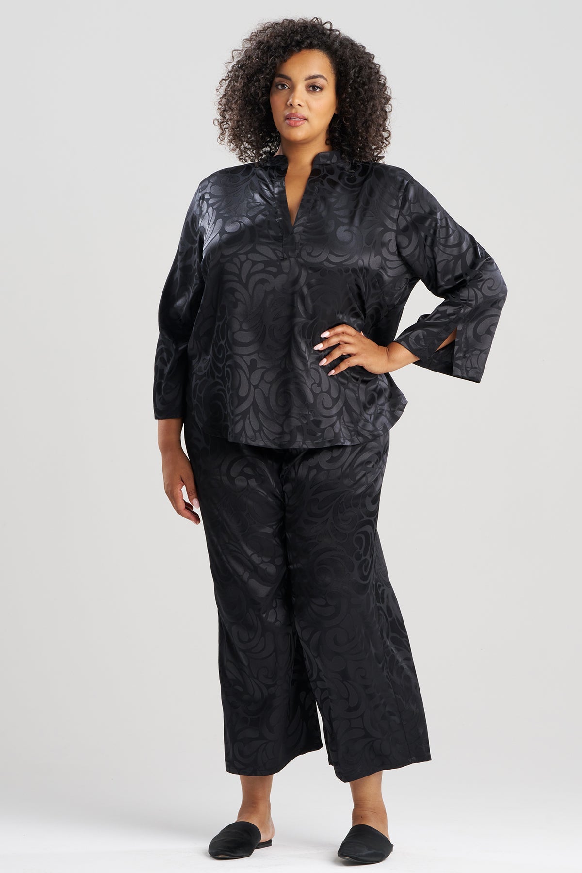 Scroll Satin Jacquard Long Sleeve PJ Black