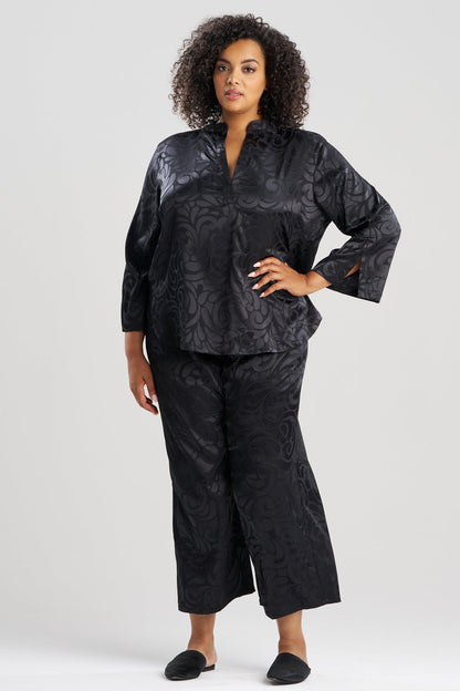 Scroll Satin Jacquard Long Sleeve PJ Black