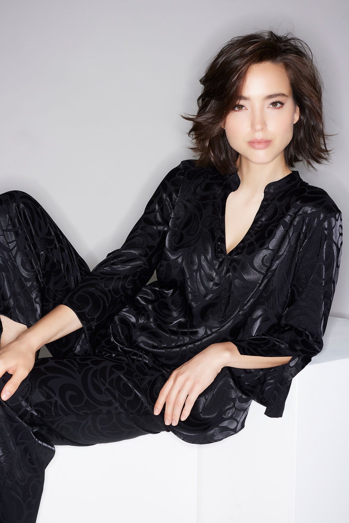 Scroll Satin Jacquard Long Sleeve PJ Black