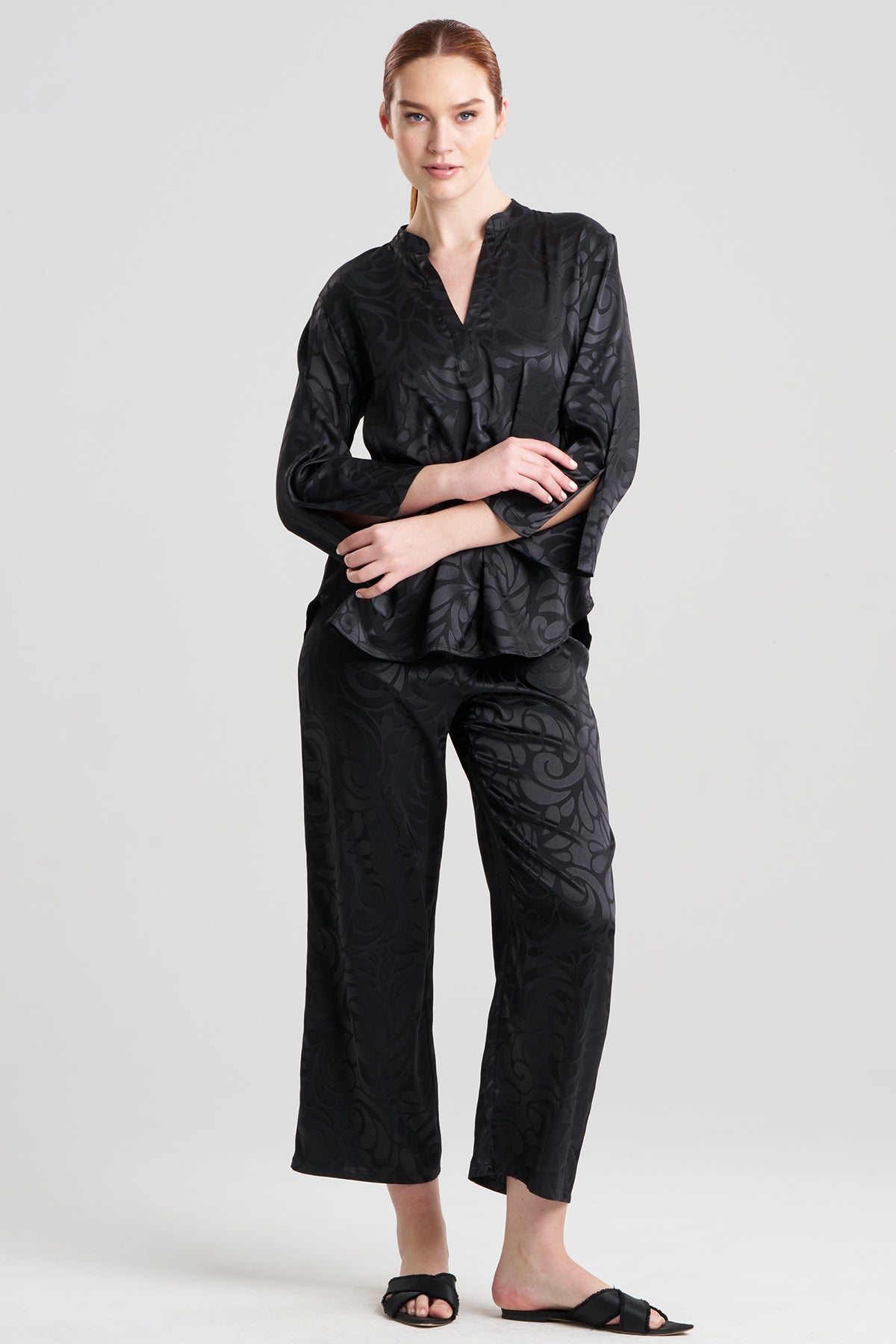Scroll Satin Jacquard Long Sleeve PJ Black