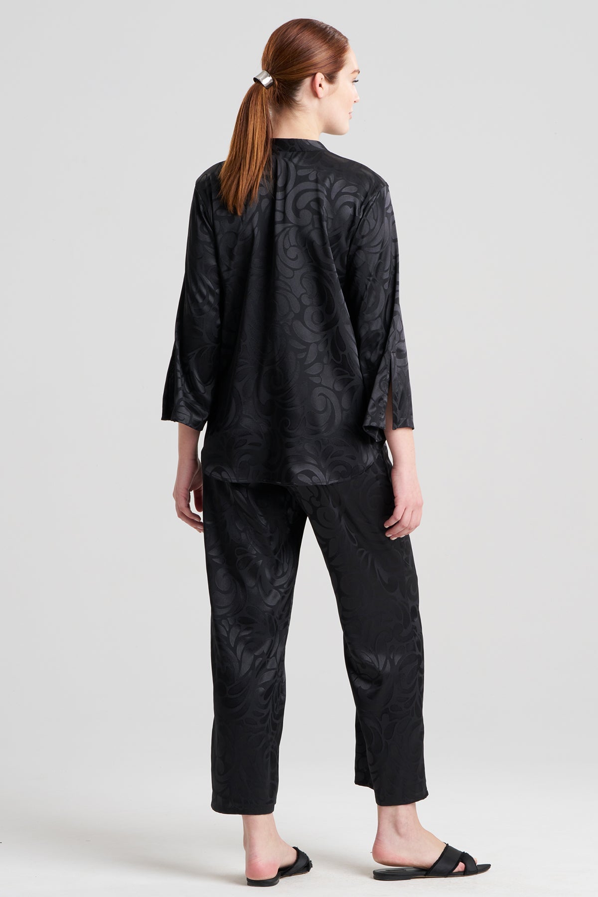 Scroll Satin Jacquard Long Sleeve PJ Black