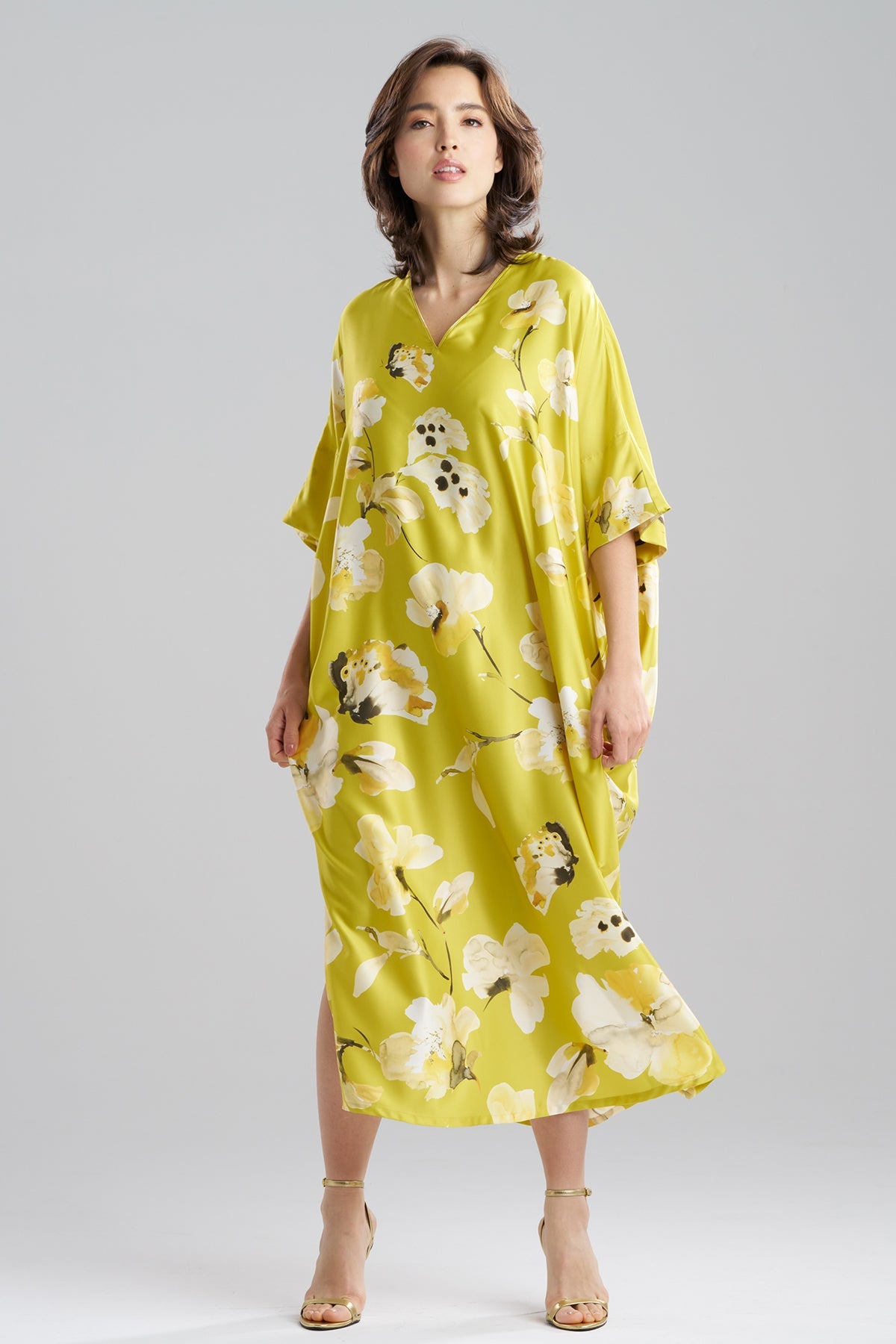 Aurelia Charmeuse V-Neck Caftan Chartreuse