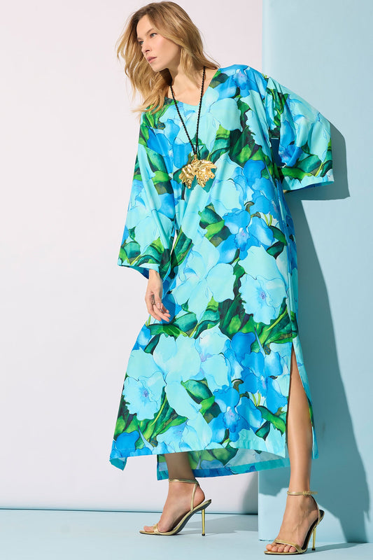 Isla Printed Satin Caftan Blue