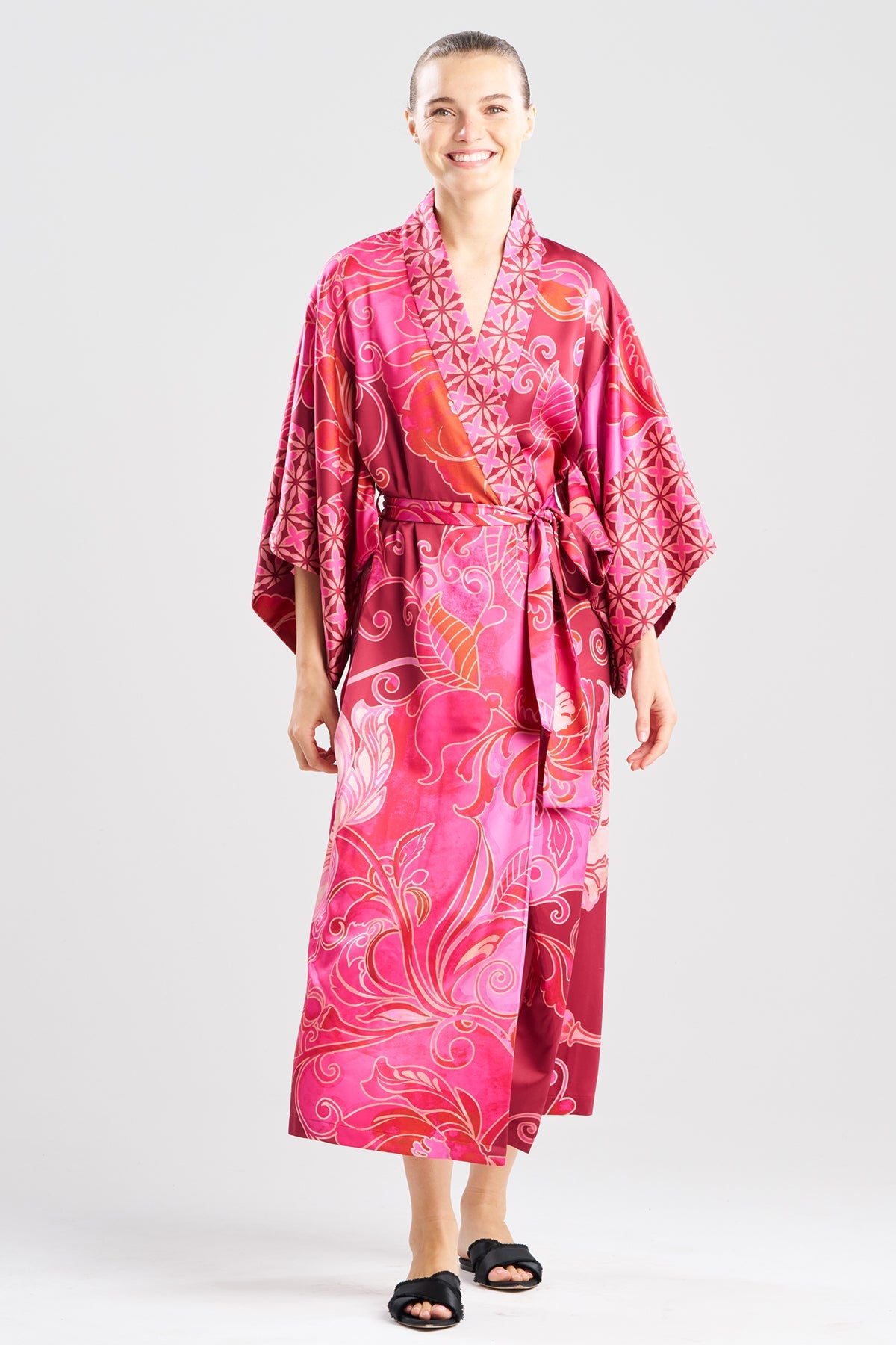 Deco Printed Charmeuse Kimono Robe Red