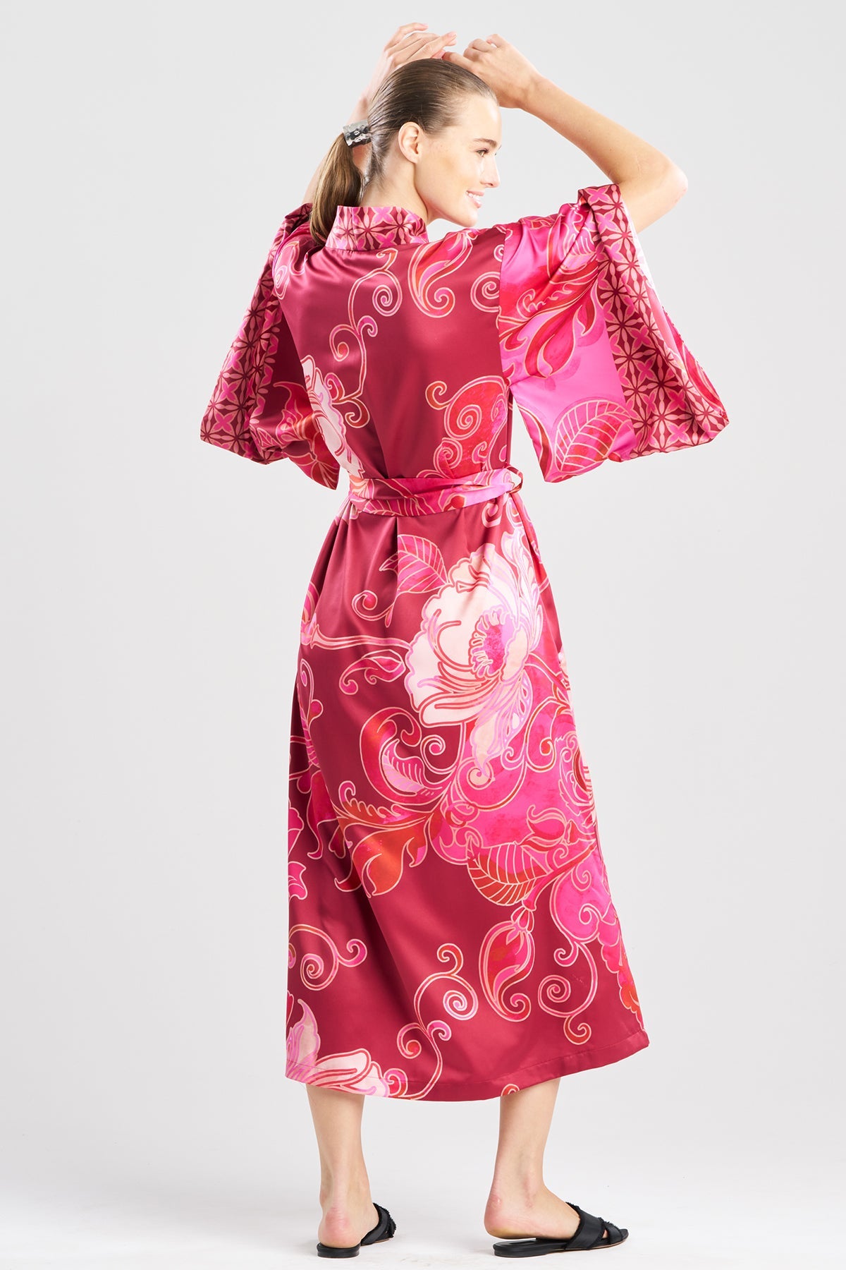 Deco Printed Charmeuse Kimono Robe Red